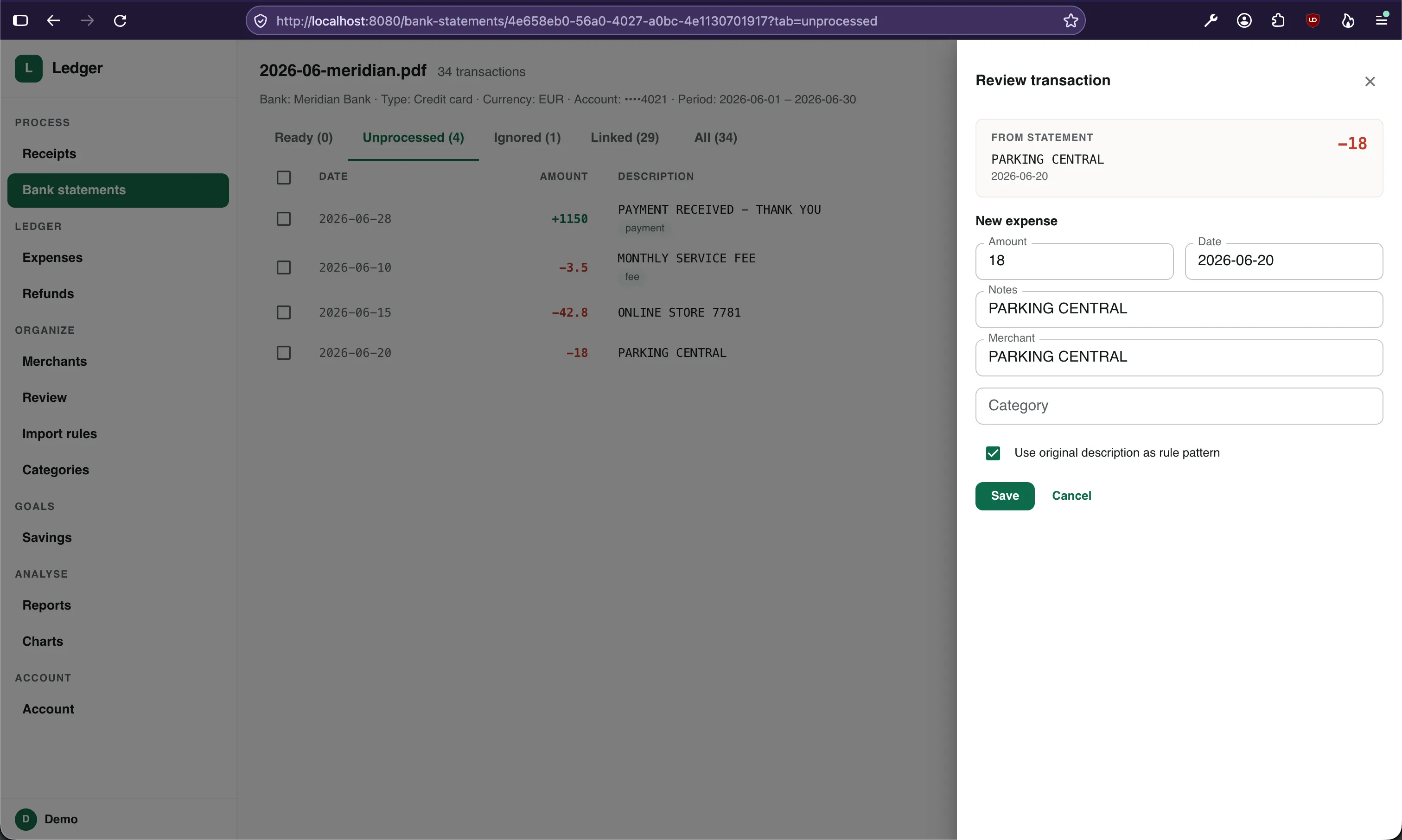 Confirm Bank Statement Entry
