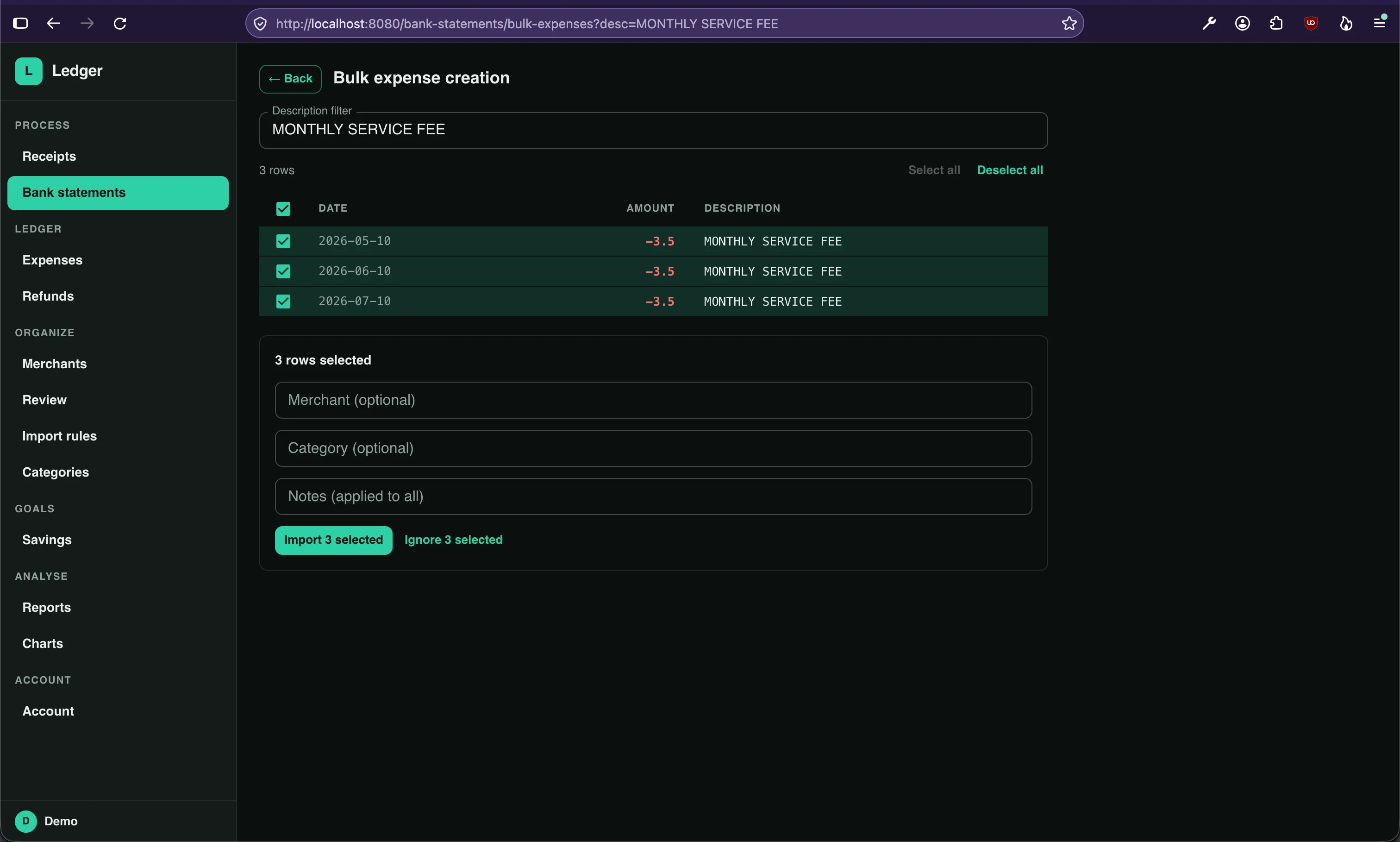 Bulk Expense Creation Dark mode